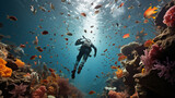 A diver rising from the deep with a treasure trove of vibrant seashells and sea creatures 