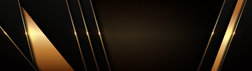 Sticker - black gold background, golden light luxury image abstract, straight lines overlap layer shadow gradients space composition for banner, flyer cover layout, website template design