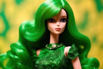 A beautiful cute doll with green hair wearing green dress. Stylish doll