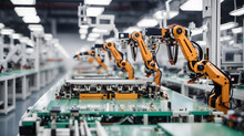 製造工場のロボットアームとコンベア｜Robotic Arms And Conveyors In A Manufacturing Plant. Generative AI