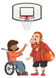 A man playing basketball with disable girl on a wheelchair