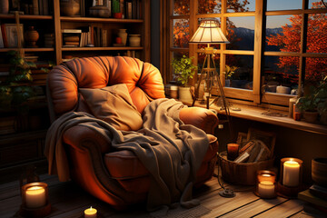 Poster - A comfortable reading nook with a cozy armchair, a warm blanket, and a stack of books for a peaceful evening.  Generative AI technology.