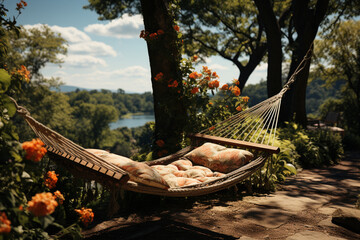 Fototapete - A comfortable hammock nestled between two trees, inviting rest and relaxation in a natural setting.  Generative AI technology.