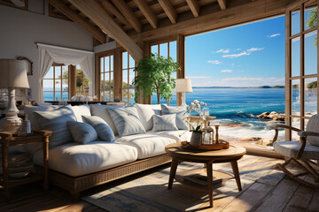 Poster - A peaceful coastal cottage with panoramic ocean views, inviting a sense of calm and tranquility.  Generative AI technology.