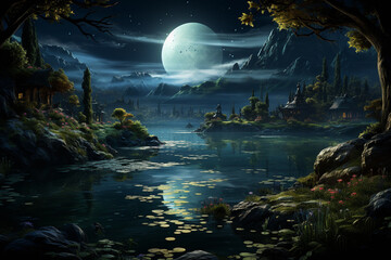 Aufkleber - A tranquil lake surrounded by lush greenery and a starry night sky, creating a sense of calm and serenity.  Generative AI technology.