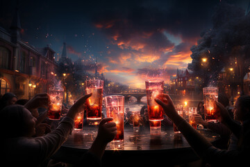Poster - A group of diverse people raising their glasses, toasting to the New Year with fireworks illuminating the sky in the background.  Generative AI technology.