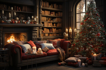 Poster - A cozy living room decorated with twinkling lights, a beautifully adorned Christmas tree, and presents underneath it.  Generative AI technology.