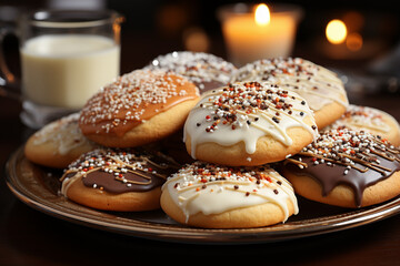 Aufkleber - A close-up of a plate of freshly baked Christmas cookies, decorated with icing and sprinkles.  Generative AI technology.