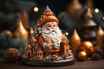 Poster - 3D Santa Claus figurine placed on a Christmas tree as the centerpiece of holiday decorations.  Generative AI technology.