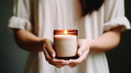 Woman holding in hand burning candle in small amber glass jar.