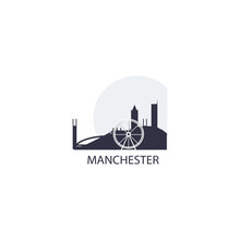 UK England Manchester City Cityscape Skyline Panorama Vector Flat Modern Logo Icon. United Kingdom Emblem Idea With Landmarks And Building Silhouettes At Sunrise Sunset