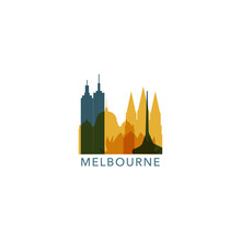 Australia Melbourne Cityscape Skyline Capital City Panorama Vector Flat Modern Logo Icon. Victoria Region Emblem Idea With Landmarks And Building Silhouettes