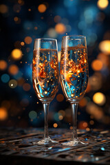 Aufkleber - A vibrant abstract background featuring festive champagne glasses clinking together to toast the New Year.  Generative AI technology.