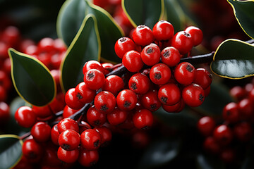 Aufkleber - A classic red and green Christmas background featuring holly leaves, berries, and gold accents.  Generative AI technology.