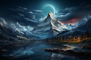 Poster - A snowy mountain landscape with a glistening Christmas tree and a star-filled night sky.  Generative AI technology.