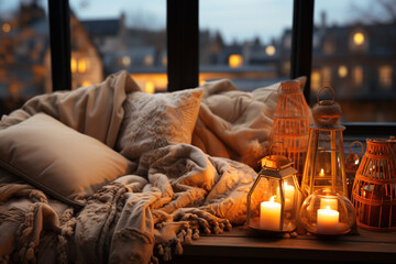Poster - A cozy and hygge-inspired Christmas background with blankets, hot cocoa, and warm lights.  Generative AI technology.