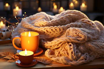 Leinwandbilder - A cozy and hygge-inspired Christmas background with blankets, hot cocoa, and warm lights.  Generative AI technology.