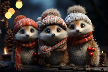 Leinwandbilder - A whimsical Christmas background featuring cute animals wearing Santa hats and scarves.  Generative AI technology.