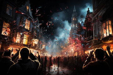 Leinwandbilder - A vibrant and lively street celebration with people dancing and rejoicing as the clock strikes midnight.  Generative AI technology.