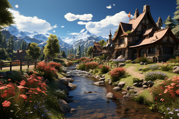Leinwandbilder - A peaceful and serene countryside scene with a cozy cabin, representing a fresh start in nature.  Generative AI technology.