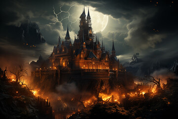 Poster - A haunted castle with lightning striking and thunder rumbling in the background.  Generative AI technology.