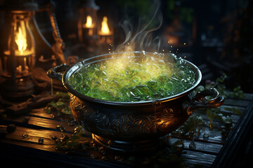 Aufkleber - A spooky witch's cauldron bubbling with green potion and glowing eyes.  Generative AI technology.