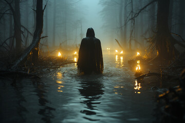 Aufkleber - A ghostly figure emerging from a foggy swamp with eerie blue lights. Generative AI technology.