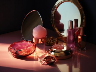 luxurious pink make up and perfume set on the pink table. generative ai