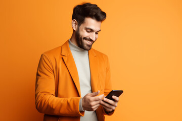 man with phone on orange background.