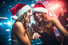 Two Girls Dancing And Drinking In A Nightclub On Christmas Holidays