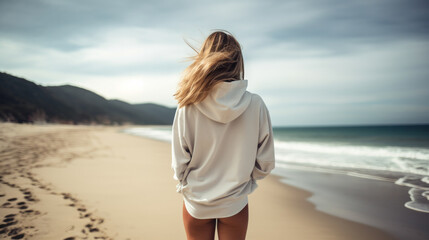 Back of hip blond tan woman wearing white thick oversized hoodie on the beach landscape view