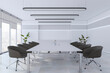 © Who is Danny - Modern grey meeting room interior with office desk and chairs, panoramic window with city view, concrete floor and white walls. 3D Rendering