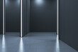 © Who is Danny - Modern dark geometric interior with mock up place on walls and reflections on floor. Exhibition, gallery and layout concept. 3D Rendering.