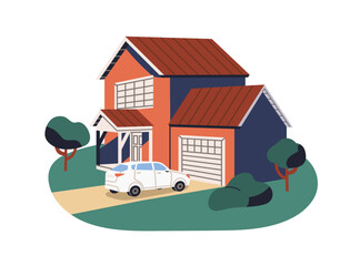 Wall Mural - House and parked car at garage. Auto and real estate outside. Automobile and suburban residential home building, mansion, dwelling. Flat graphic vector illustration isolated on white background