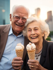 Wall Mural - Ai generated photo of mature senior couple with ice cream