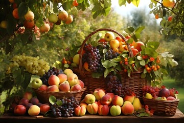 Poster - Fruitful bounty: A basket of various fruits placed under mixed fruit trees, celebrating nature's diversity