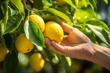 Canvas Print - Hand gently touching a bright, ripe lemon on a lemon tree, highlighting the connection between humans and nature