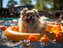 In A Colorful Kiddie Pool, A Proud Pekingese Dog Sits Aboard A Small Rubber Boat, Navigating Imaginary Seas With A Gaze Of Pure Joy.. Generated With AI.