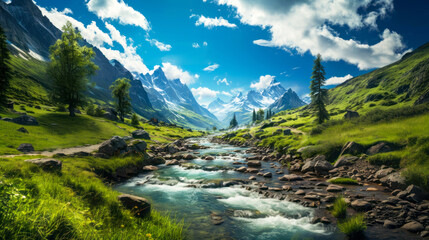 Poster - Beautiful mountain landscape with a small river in it. Generative AI