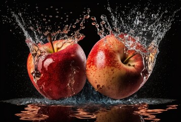 red apple with water splash isolated on black background. generative ai