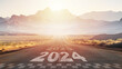 © chiew - New year 2024,  straightforward road trip travel and future vision of asphalt road at sunrise. Concept of planning, challenge, goal, and new year resolution. Generative AI