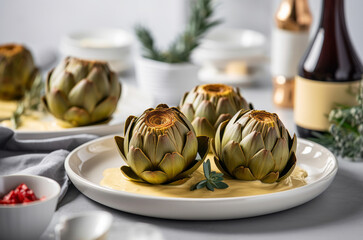 Three whole artichokes artfully arranged on a white plate, served with a creamy dipping sauce. 