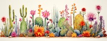 This Whimsical Watercolor Painting Of A Vibrant Group Of Cactuses Adorned With Delicate Blooming Flowers Captures The Beauty And Wildness Of Nature In An Enchanting Way