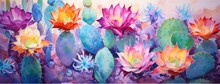 This Captivating Watercolor Painting Of Intertwined Flowers And Cactus Blooms With Color And Life, A Perfect Blend Of Nature And Art