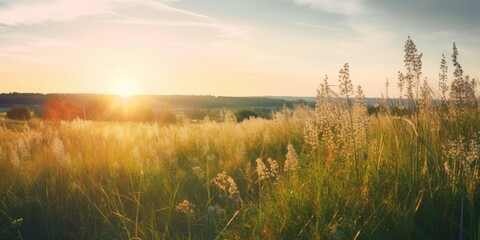 Wall Mural - Beautiful natural panoramic countryside landscape. Blooming wild high grass in nature at sunset warm summer. Pastoral scenery. Selective focusing on, Generative AI