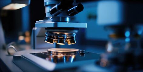 Aufkleber - Closeup microscope data analysis in the laboratory, Medicine equipment research setting in lab for chemistry analysis.