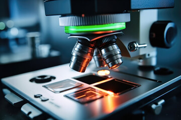 Poster - Close up of laboratory microscope, Research experiments.