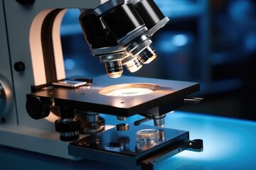 Poster - Close up of laboratory microscope, Research experiments.