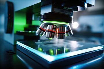 Poster - Microscope with metal lens at laboratory, Professional tools for viewing samples.