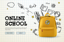 Back To School, Online School Banner, Poster. Yellow Backpack With School Supplies On The Background Of A Checkered Paper With Different Doodle Scientific Icons. Vector Illustration